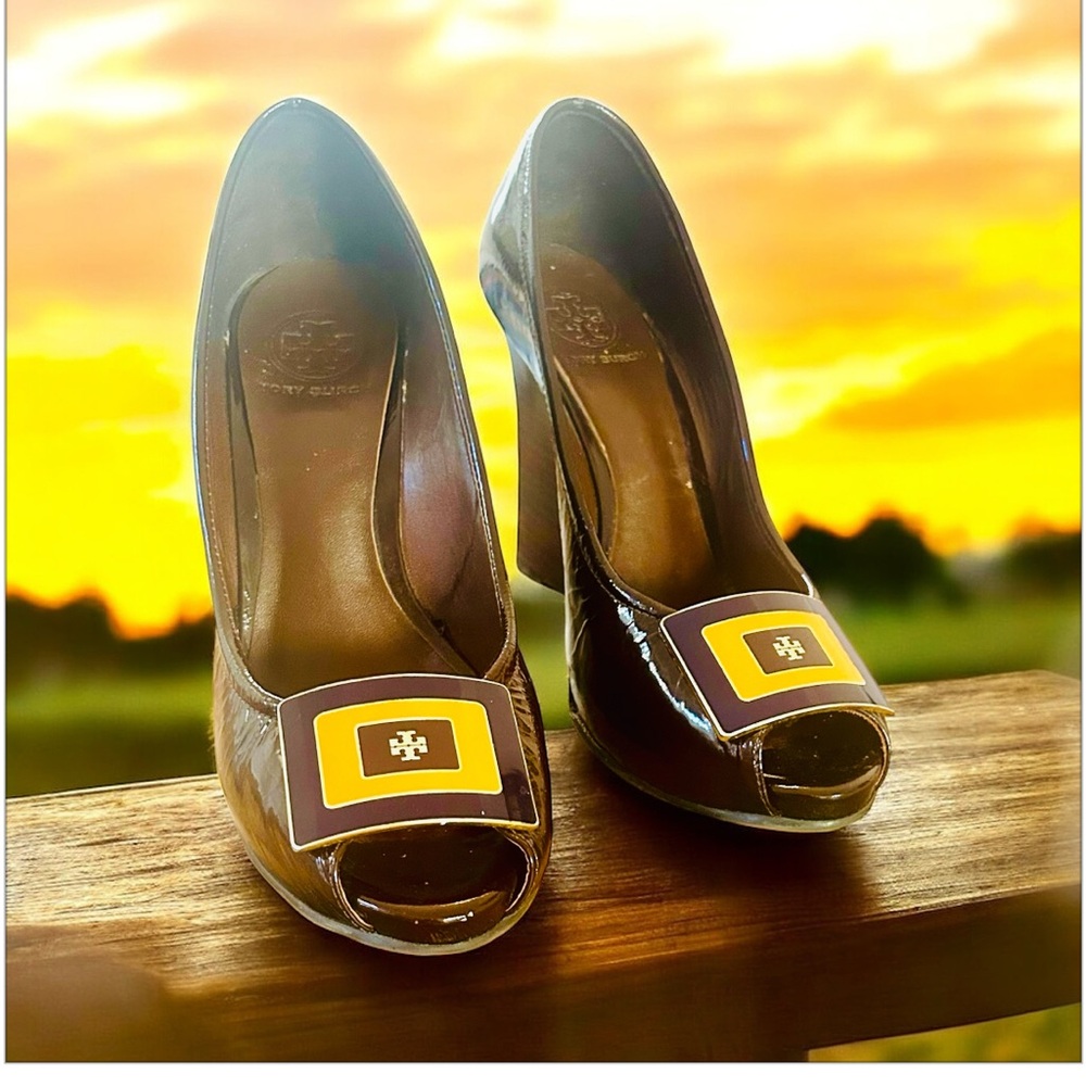 Tory Burch Brown Patent leather Peep-toe wedges. - Picture 1 of 16